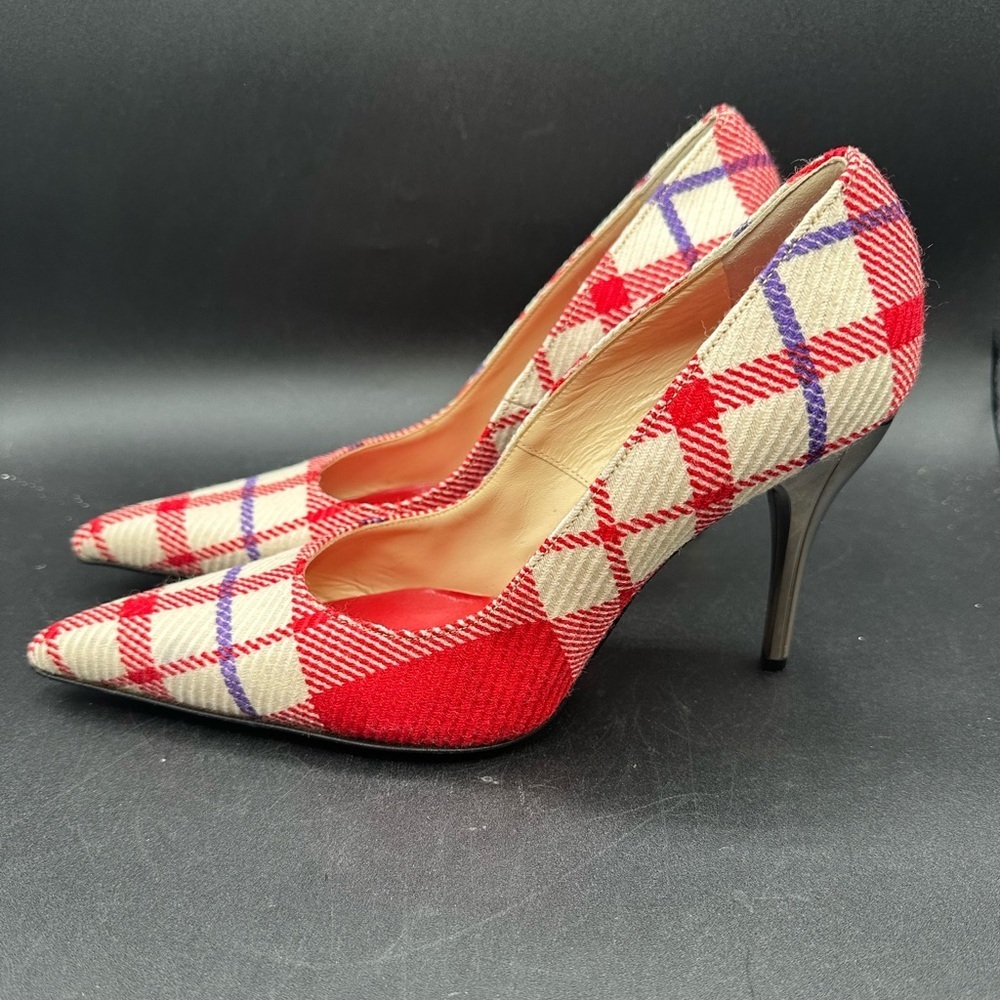 Versace Plaid Check Fabric Pointed Toe Pumps Size 37.5 Metallic Heel Italy - Picture 3 of 7